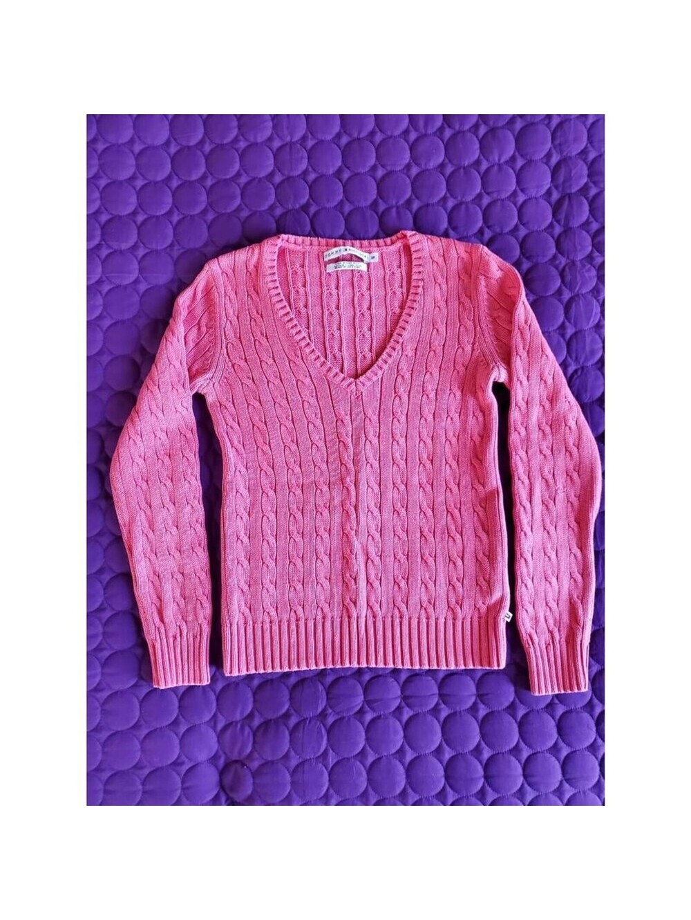 Y2K Tommy Hilfiger Coral Long Sleeve V Neck Pullover Sweater Cable Knit SP